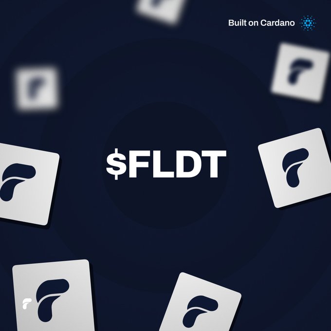 A bold "$FLDT" ticker is centered on a dark navy background, surrounded by floating white square tiles featuring a stylized "F" logo, with "Built on Cardano" displayed in the top right corner.