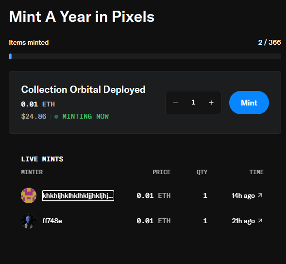 The image shows an NFT minting page titled "Mint A Year in Pixels" with a progress bar at 2/366 items minted, a "Collection Orbital Deployed" minting section priced at 0.01 ETH ($24.86) marked "MINTING NOW," and a live mints log showing two recent purchases ("khkhjhkiklklkijihkjihj_" and "ff748e") each buying 1 at 0.01 ETH. The post appreciates early supporters while noting the long journey ahead to fill all 366 daily pixel NFTs in the collection.