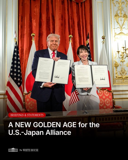 The image features a man and woman standing next to each other, both holding papers with their hands. The text in the image reads "A NEW GOLDEN AGE FOR THE US-JAPAN ALLIANCE". The background of the image is red, which appears to be part of a stage or podium setup.

The post also mentions that $XRP will be right in the center of it and that they are talking about the U.S. dollar's future. This suggests that there might be some discussion or agreement related to the value of the US dollar and its potential impact on the Japanese yen, as well as other global economies.