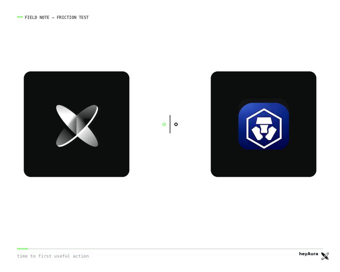 The image, labeled "FIELD NOTE – FRICTION TEST," visually compares the loading screens of two crypto AI apps—Crypto.com's logo on the left and HeyAura's blue hexagonal logo on the right—paired with the caption "time to first useful action," illustrating a side-by-side test of how quickly each platform lets a new user actually start interacting.