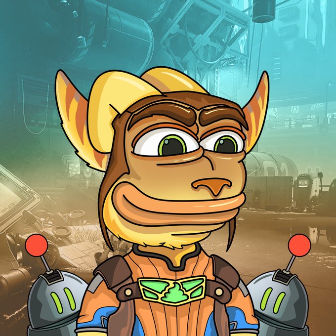 A digital illustration of a Ratchet & Clank character (Ratchet) with large ears and green eyes wearing an orange outfit, set against a sci-fi industrial background with two robots on either side.