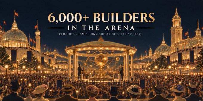 A grand, illuminated arena at night showcases "6,000+ BUILDERS IN THE ARENA" with "Product submissions due by October 12, 2026," visually evoking the massive scale of Crypto World's Fair, a hackathon awarding top startup submissions across Solana, Tempo, Hyperliquid, Ethereum L1, Base, Robinhood Chain, Zcash, and Arbitrum.