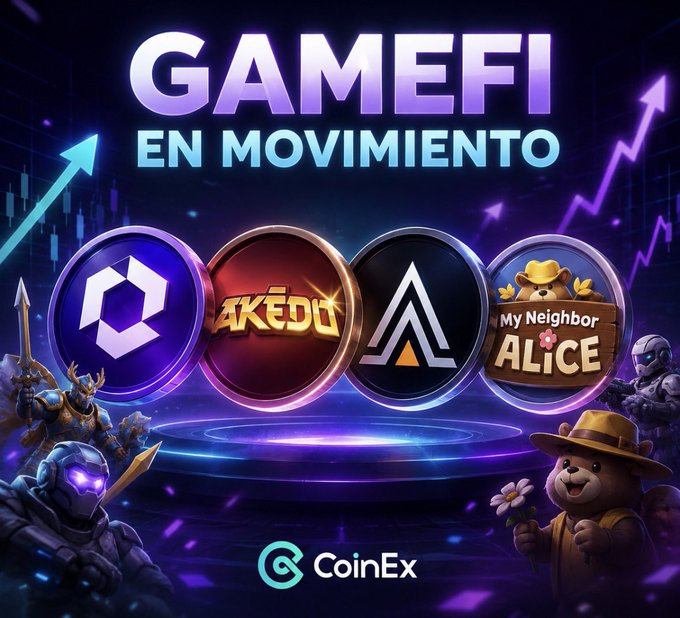 A promotional banner for 'GAMEFI EN MOVIMIENTO' by CoinEx features four circular logos including 'AKEDO,' 'My Neighbor ALICE,' and others, with fantasy characters and upward trending graphs in the background.