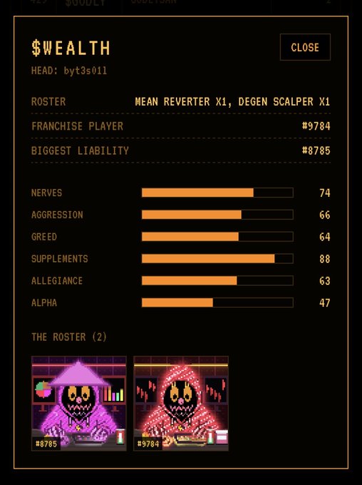 A '$WEALTH' stats screen with an orange-themed UI showing player head 'byt3s011' with stats for Nerves (74), Aggression (66), Greed (64), Supplemets (88), Allegiance (63), and Alpha (47), displaying two pixel-art roster characters.