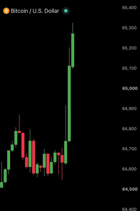 A candlestick chart of Bitcoin/U.S. Dollar (BTC/USD) on Binance shows Bitcoin surging back above $65,000, with the most recent green candle spiking from around $64,700 to $65,300, illustrating the bullish rally that triggered $100M in short liquidations referenced in the post about bears getting "rekt."