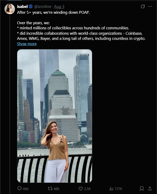 A tweet by Isabel (@izonline) from August 3 announces that after 5+ years, POAP is winding down, highlighting milestones like "minted millions of collectibles across hundreds of communities" and collaborations with "Coinbase, Amex, WMG, Bayer" and "countless in crypto." The accompanying photo shows a woman posing in front of a city skyline, representing the co-founder behind the now-closing protocol.
