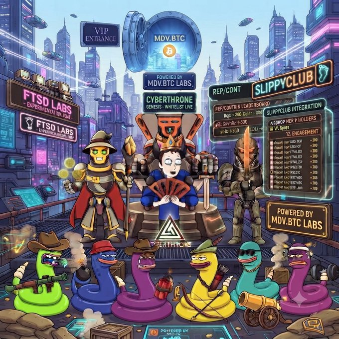 A vibrant cyberpunk-style digital illustration featuring a king on a throne with playing cards, flanked by armored figures and surrounded by colorful snake characters, with visible text including 'MDV.BTC', 'CYBERTHRONE GENESIS - WHITELIST LIVE', 'FTSD LABS', 'SLIPPYCLUB', 'REP/CONT', and 'POWERED BY MDV.BTC LABS'.