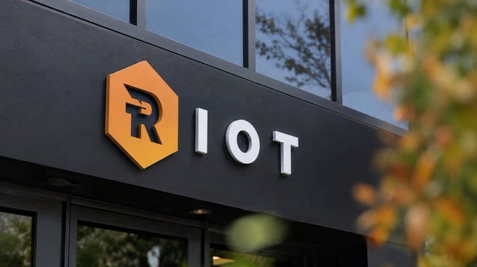 The exterior signage of a building displays the Riot Games logo—a stylized orange 'R' with a fist—next to the word 'IOT' in white letters on a dark facade, partially framed by out-of-focus foliage.