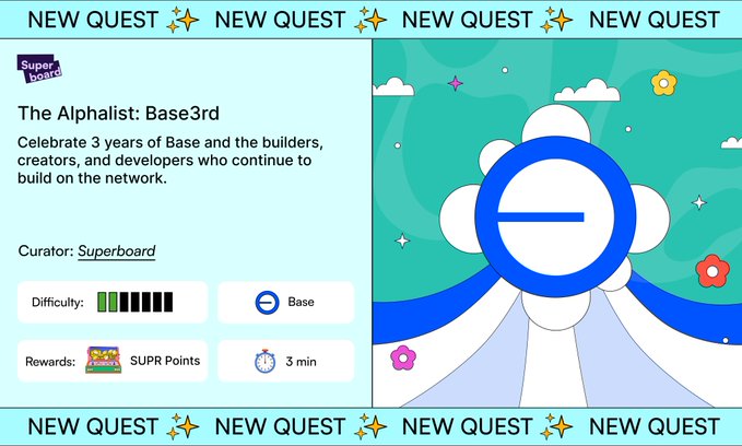 A graphic announcing "The Alphalist: Base3rd" quest on Superboard, celebrating 3 years of the Base network with a Base-branded illustration, featuring rewards of SUPR Points and a 3-minute time limit.