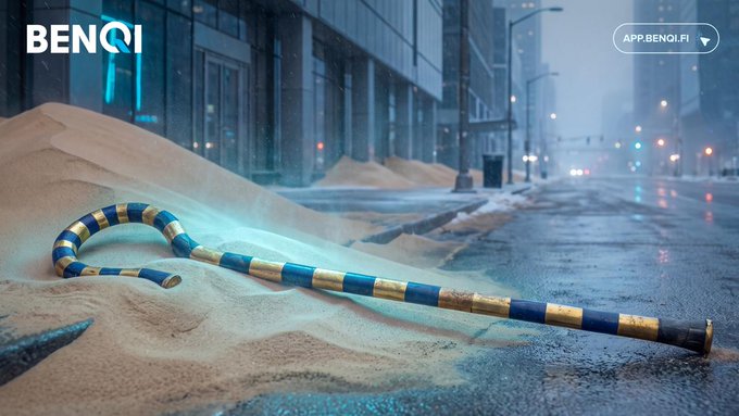 A BENQI promotional image showing an Egyptian pharaoh's crook (blue and gold) lying on sand in a rainy urban street, with the BENQI logo and 'APP.BENQI.FI' button in the corners.