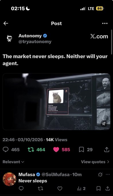 A Twitter post by Autonomy (@tryautonomy) stating "The market never sleeps. Neither will your agent." accompanied by a screenshot of a computer monitor displaying market analysis.