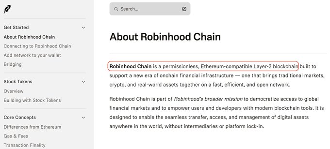 A documentation screenshot showing the "About Robinhood Chain" page, which highlights in red that "Robinhood Chain is a permissionless, Ethereum-compatible Layer-2 blockchain built to support a new era of onchain financial infrastructure," supporting the caption's claim that Robinhood Chain is an Ethereum L2 chain.