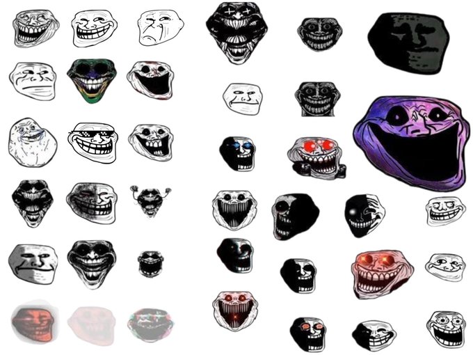 A collage of various Trollface meme images in different styles, mostly black and white with some colored variations.