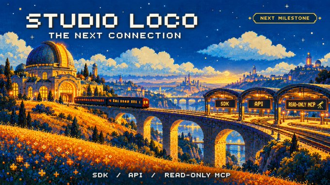 Pixel-art style promotional banner for 'STUDIO LOCO - THE NEXT CONNECTION' featuring a train on a bridge, with text 'NEXT MILESTONE' and feature highlights 'SDK / API / READ-ONLY MCP'.