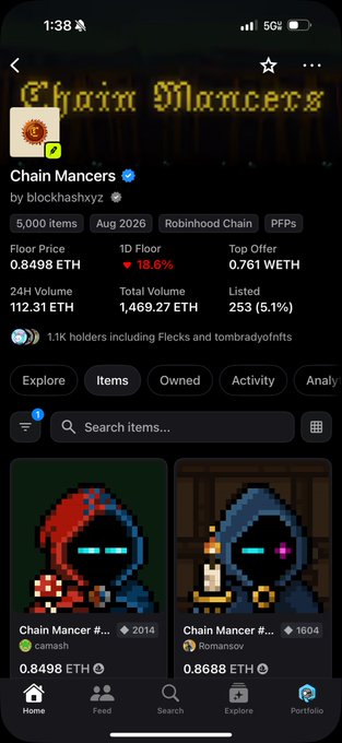 A mobile app screenshot shows the 'Chain Mancers' collection by blockchainhashxyz on Robinhood Chain, featuring 5,000 items, a floor price of 0.8498 ETH, and pixel-art character items priced at 0.8498 ETH and 0.8688 ETH.