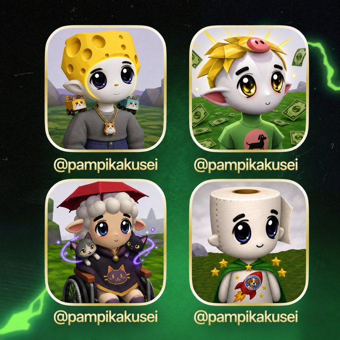 Four cute chibi-style goat characters are displayed on a dark green background, each labeled "@pampikakusei": a cheese-themed goat with a cheese block head, a money-themed goat surrounded by dollar bills, a handicapped goat in a wheelchair with a red umbrella, and a toilet-paper-themed goat wearing a superhero cape. The characters match the post's introduction of the four "pampi" goats (cheese, money, handicapped, and toilet) now available on the Pumpfun mobile app.