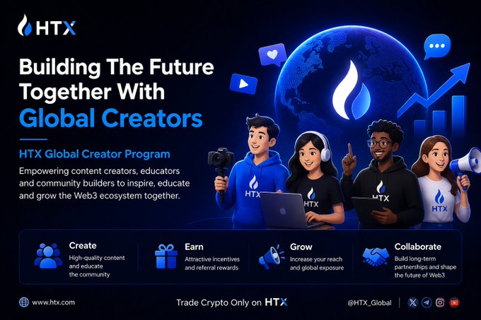 A promotional graphic for the 'HTX Global Creator Program' featuring the tagline 'Building The Future Together With Global Creators' and bullet points for Create, Earn, Grow, and Collaborate.