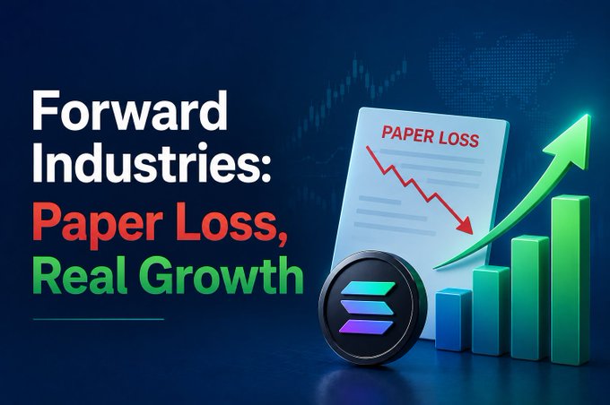 A promotional graphic titled 'Forward Industries: Paper Loss, Real Growth' showing a document labeled 'PAPER LOSS' with a declining red arrow and a bar chart with an ascending green arrow, alongside a Solana logo.