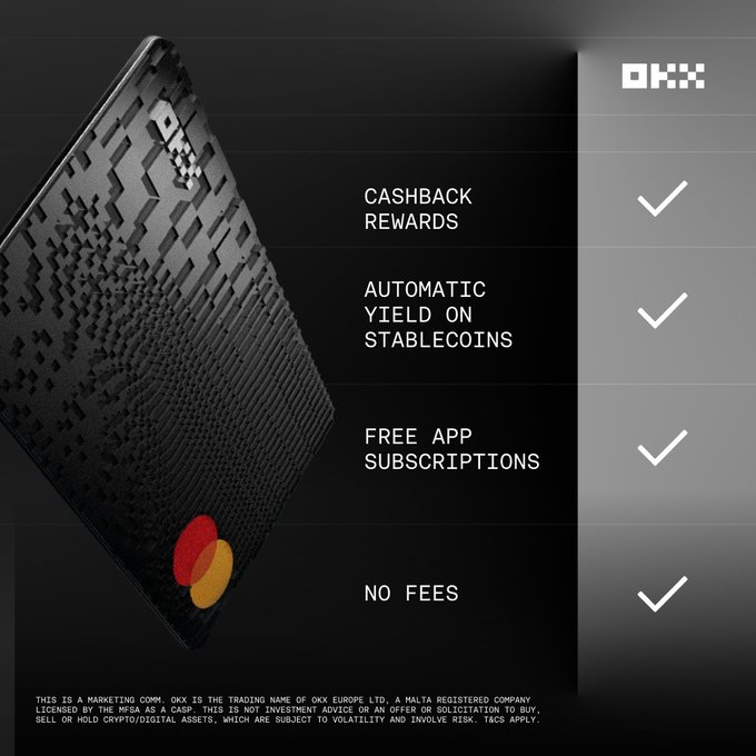OKX advertisement featuring a black Mastercard with checkmarks for Cashback Rewards, Automatic Yield on Stablecoins, Free App Subscriptions, and No Fees.
