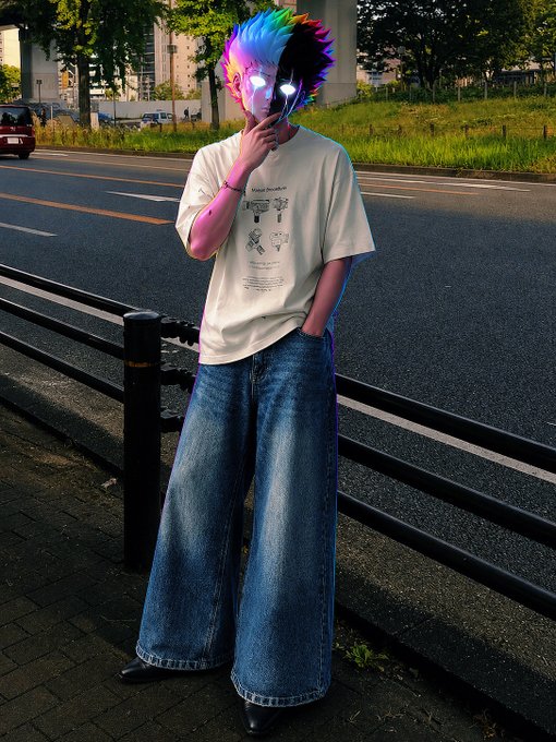 A person with colorful hair and a half-black mask leans against a railing on a city street, wearing a beige t-shirt with graphics and baggy jeans.