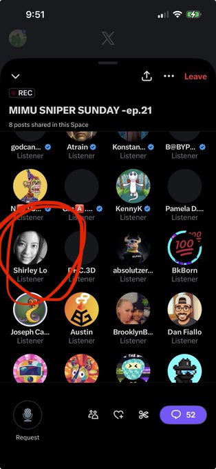 The screenshot shows a Twitter Space titled "MIMU SNIPER SUNDAY - ep.21" with 52 listeners and the username "Shirley Lo" circled in red, connecting the caption's excitement about a space "being back" to the highlighted participant whose return or presence is being celebrated.