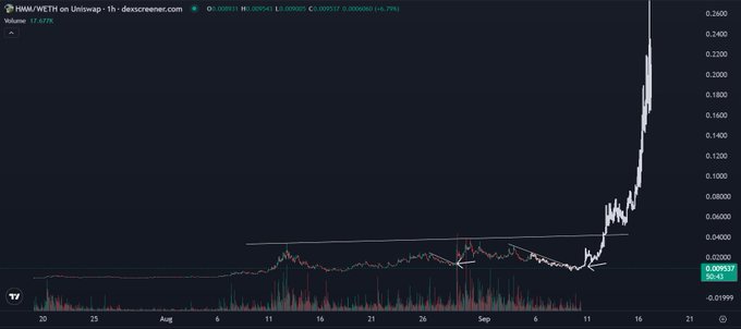 A cryptocurrency price chart on Dexscreener for the HM/WETH pair on Uniswap v3, showing a sudden vertical price spike to around $0.28.