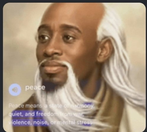 An AI-generated image of a bald man with a long white beard, overlaid with a dictionary definition of the word 'peace' meaning a state of harmony, quiet, and freedom from war, violence, noise, or mental stress.
