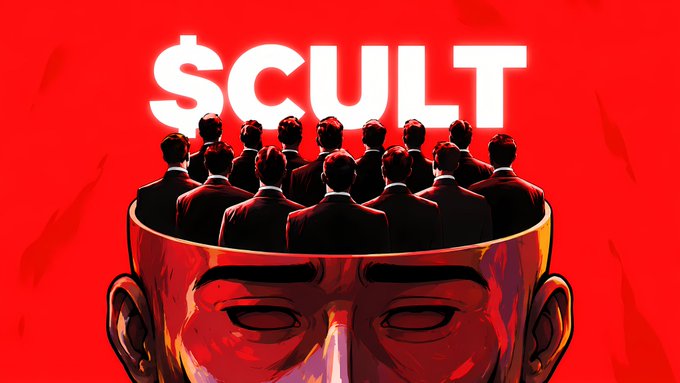 A digital illustration featuring the text '$CULT' above a group of suited figures sitting inside an open, glowing head against a red background.