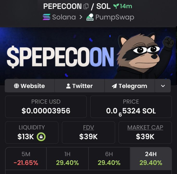 A cryptocurrency tracker displays the "$PEPECOON" token on the Solana network via PumpSwap, showing a price of $0.00003956, liquidity of $13K, and a market cap of $39K with a 29.40% gain over 24 hours—matching the post's stated market cap of $39K for this newly launched memecoin.
