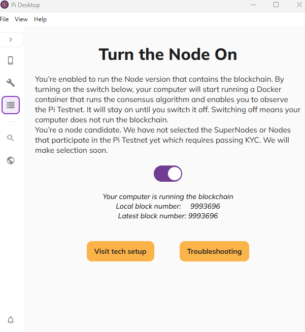 Pi Desktop app screen titled 'Turn the Node On' showing a toggle switch enabled, with the computer running the blockchain at local block number 9993696, matching the latest block number.