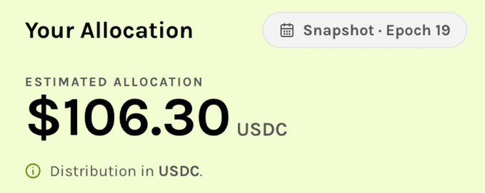 Mobile app screenshot showing 'Your Allocation' with an estimated allocation of $106.30 USDC from a Snapshot Epoch 19, distributed in USDC.