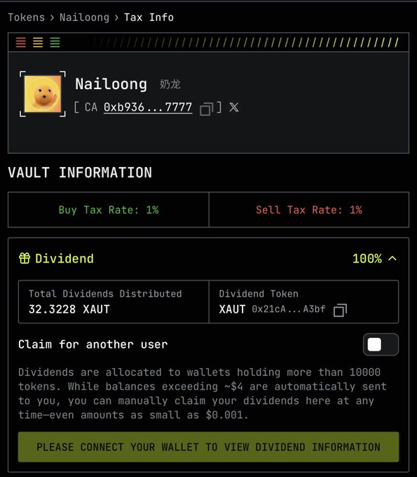 A cryptocurrency tax information page for "Nailoong 奶龙" token showing Buy and Sell Tax Rates of 1%, with a 100% dividend in XAUT totaling 32.3228 XAUT distributed.