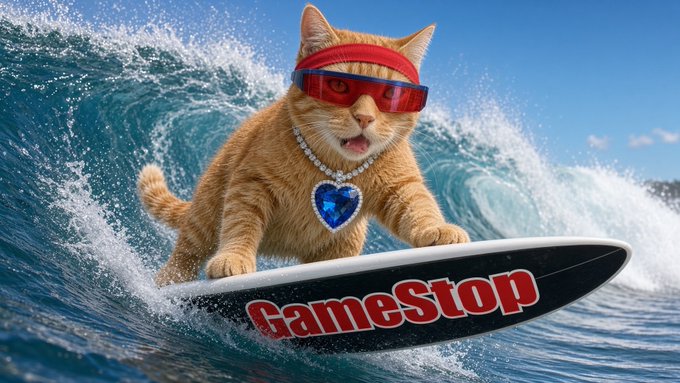 A humorous image of an orange tabby cat wearing red sunglasses and a heart-shaped diamond necklace, riding a surfboard branded 'GameStop' on a wave.