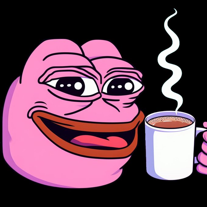 A cartoon illustration of a pink, blob-like character with a wide smile holding a steaming white mug of coffee or tea against a black background.