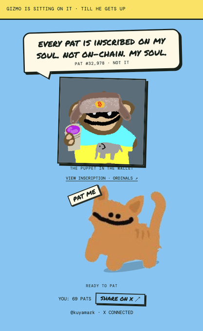 A pixel-art style web page interface featuring a monkey NFT with text 'EVERY PAT IS INSCRIBED ON MY SOUL. NOT ON-CHAIN. MY SOUL' and 'PAT #32,978 - NOT IT', along with a 'PAT ME' button and a cartoon cat illustration below.