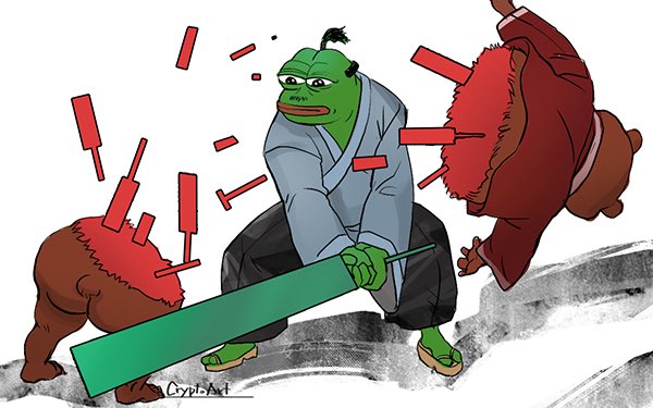 A political cartoon showing a green-faced character in traditional Asian clothing wielding a large green sword against two brown bears pierced with red bars, resembling a stock market crash, signed 'CypArt'.