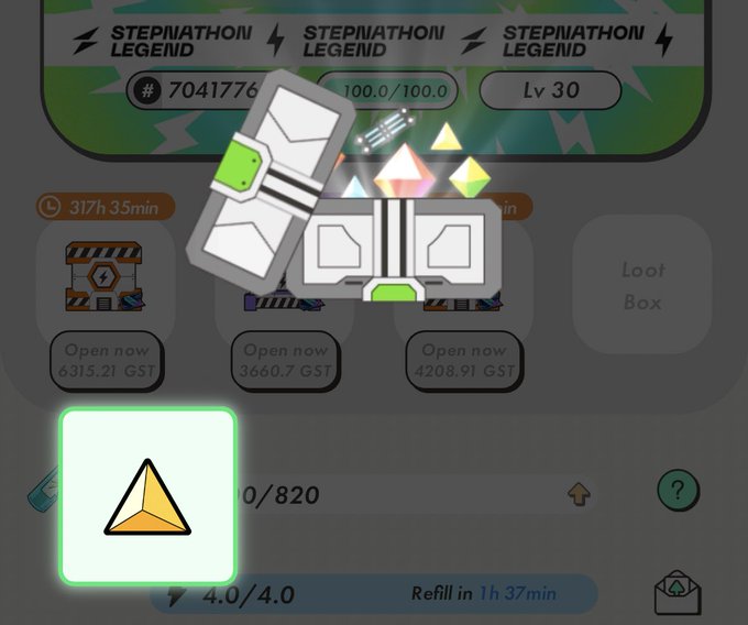 A screenshot from the Stepn app showing the 'STEPNATHON LEGEND' interface with loot boxes priced in GST and a highlighted energy icon.
