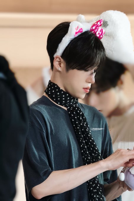 A young man with dark hair wears fluffy white animal ears with a pink bow, paired with a polka-dot scarf and dark velvet shirt, looking down at something in his hands. The hashtags reference Arno from the K-pop group ALPHADRIVEONE, suggesting this image captures the idol in a playful, fan-event setting on his 0830 birthday.