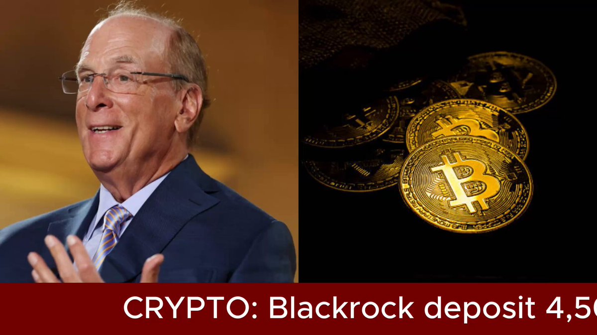 The image shows an older man wearing glasses and a suit holding up a sign that says "CRYPTO", possibly related to Bitcoin or cryptocurrency trading. Below this, there is another sign depicting a pile of Bitcoins and the amount being 4,500 US dollars. The overall scene suggests that the man could be promoting Bitcoin or cryptocurrency trading with a focus on BlackRock's involvement in these digital assets.