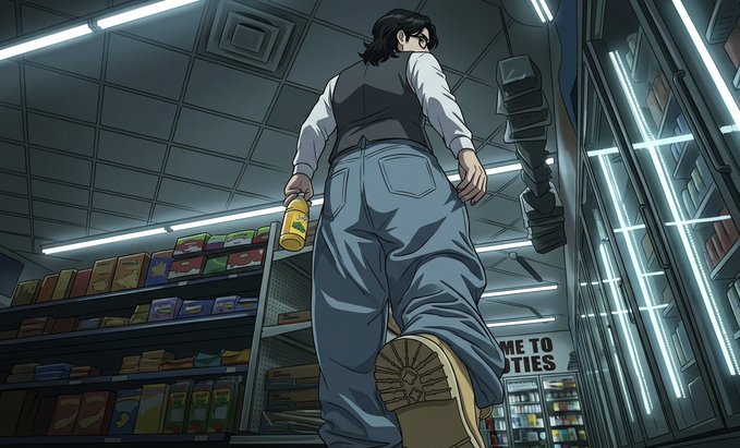 A low-angle shot shows a person in jeans and a vest walking through a brightly lit convenience store aisle holding a yellow can, with a partial "WELCOME TO" sign and shelves of products in the background, while floating text reads "ME TO UTIES." The image's quiet, solitary late-night store atmosphere mirrors the post's message about silence, integrity, and avoiding self-deception, paired with the $RIVER ticker.