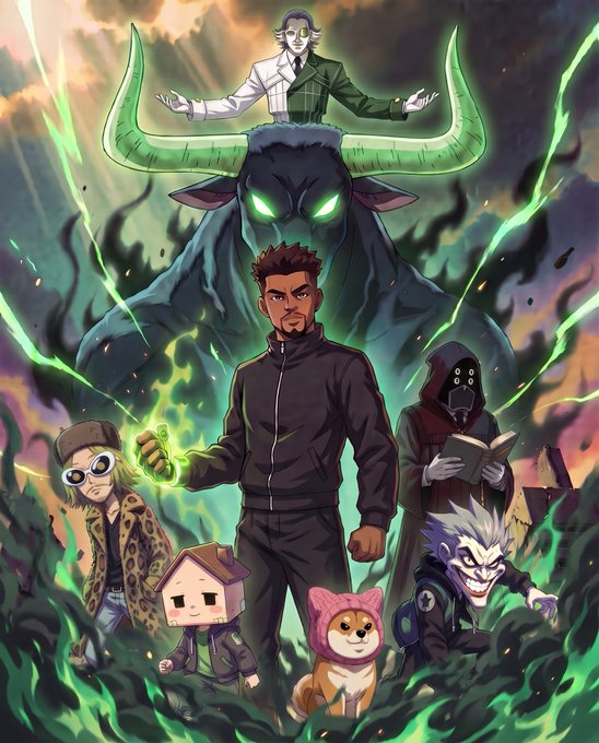 A group of animated characters—including a man in a black jacket with glowing green eyes, a masked figure reading a book, a Shiba Inu dog, a small house-headed character, a smiling figure with spiky hair, and a horned figure in the background—stand together amid swirling green flames. The image appears to be fan art of "The Ocho" cast from Smosh Games' "Mystery Menu" series, paired with a cheerful "Good morning" greeting.