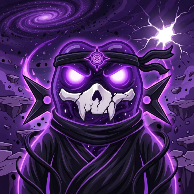 Digital artwork of a purple-robed ninja-like character with a glowing skull mask, glowing purple eyes, spiked shoulder armor, set against a cosmic purple galaxy background with lightning.