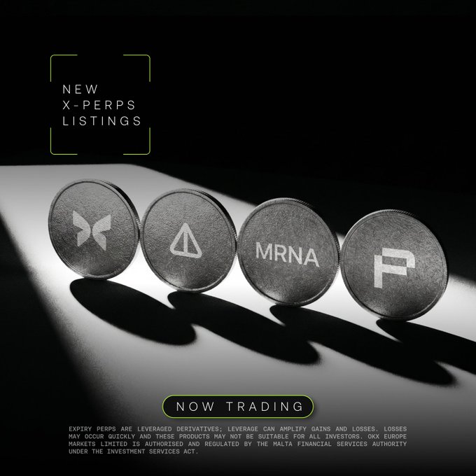 A promotional graphic with a black background displaying four metallic coins representing cryptocurrencies/stocks ('X', a triangle logo, 'MRNA', and 'F') under the heading 'NEW X-PERPS LISTINGS' and 'NOW TRADING'.