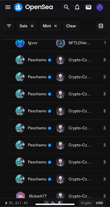 An OpenSea mobile interface showing a list of NFT transactions, predominantly featuring repeated purchases by "Paschamo" and "Crypto-Cz..." totaling $1,917.83 in USD. The repeated transactions align with the post's claim of sweeping NFTs, highlighting Crypto-Cz's active purchasing activity.
