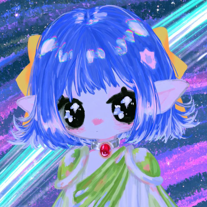 A digital painting shows a cute blue-haired anime-style character with cat ears and large dark eyes, wearing a green cloak and a bell collar against a cosmic starry background.