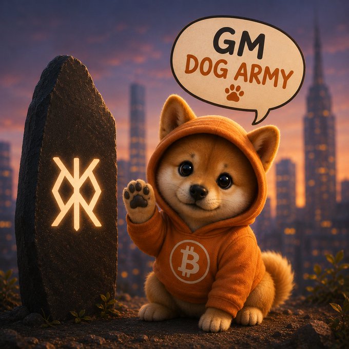 A 3D-rendered Shiba Inu dog wearing an orange Bitcoin-logo hoodie and waving, next to a stone with a glowing rune symbol and a speech bubble reading 'GM DOG ARMY', set against a city skyline at sunset.
