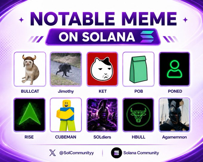 A vibrant purple graphic titled 'NOTABLE MEME ON SOLANA' showcasing various meme tokens including BULLCAT, Jimothy, KET, POB, PONED, RISE, CUBEMAN, SOLdiers, HBULL, and Agamemnon.