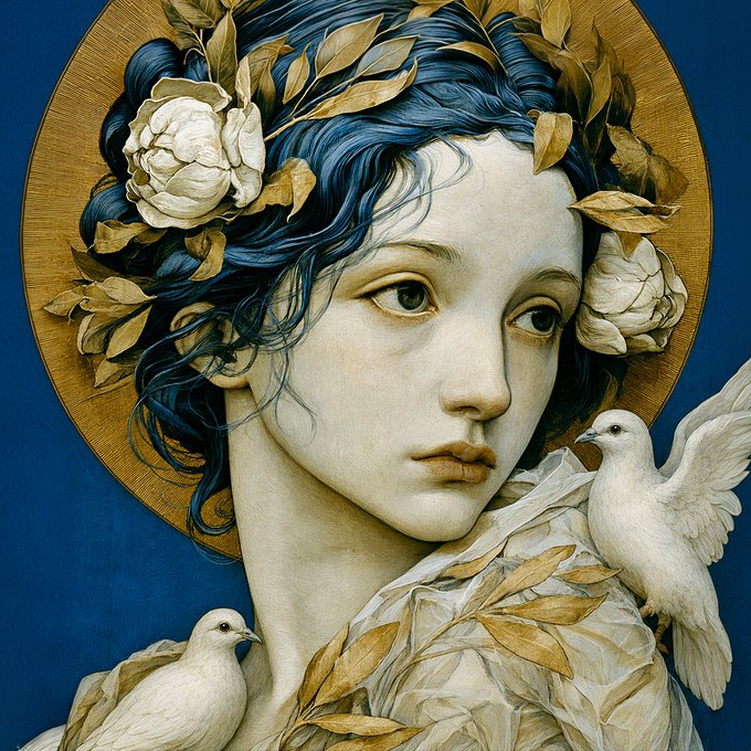 An artistic painting depicts a woman with dark blue hair adorned with white flowers and golden leaves, accompanied by two white doves against a dark blue background.