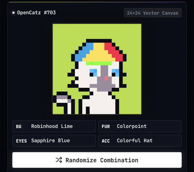 A digital NFT-style “OpenCatz #703” pixel-art cat has a colorful hat, sapphire-blue eyes, and is labeled with a Robinhood Lime background and Colorpoint fur.