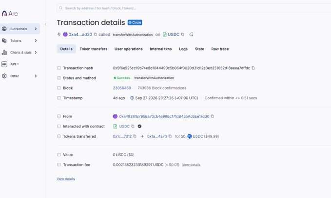 A blockchain transaction details page on Arc showing a successful transfer of approximately 48.99 USDC from one address to another, dated Sep 27 2026.